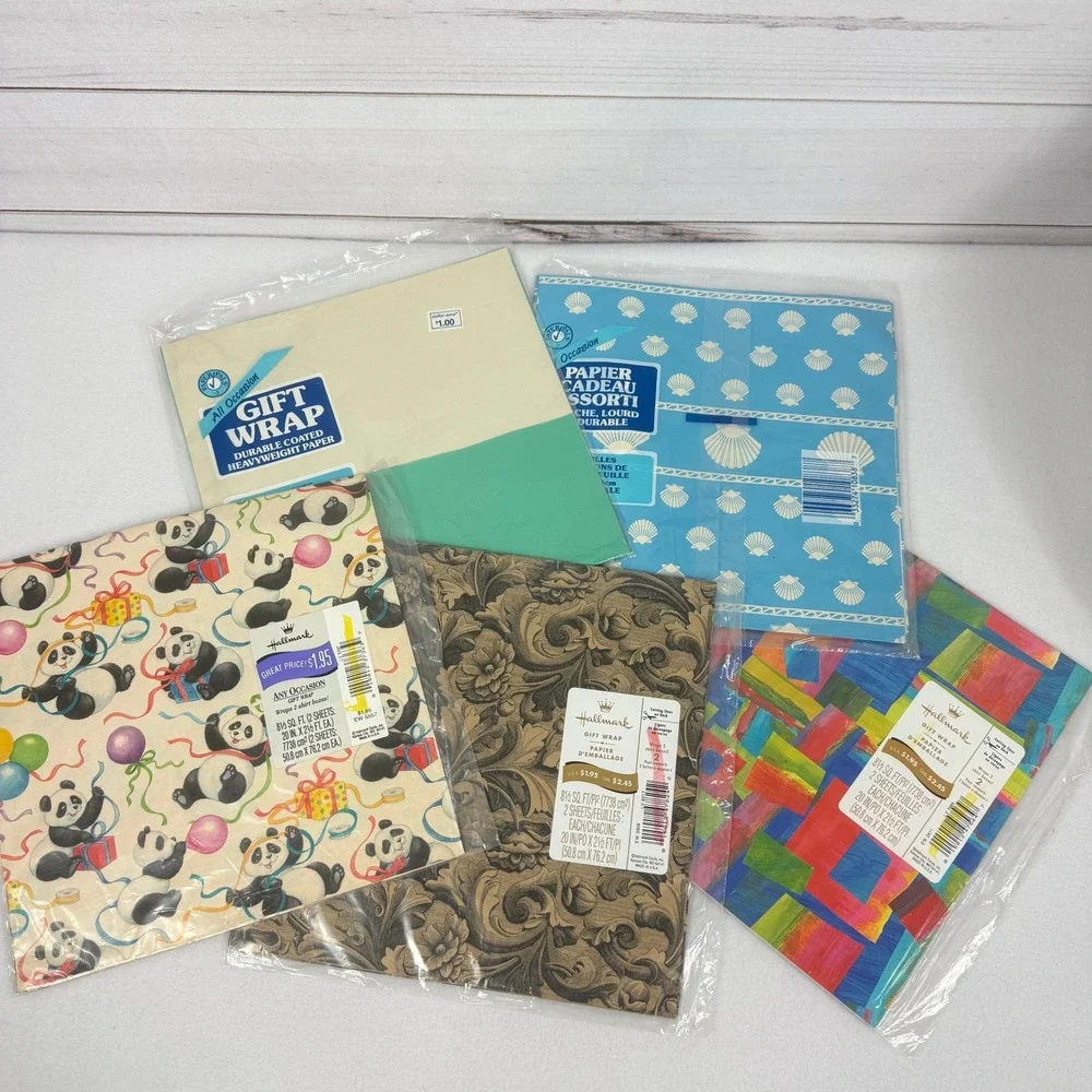 Vintage Hallmark Gift Wrap Lot 5 Packs Pandas Seashells‎ Abstract Floral Designs
